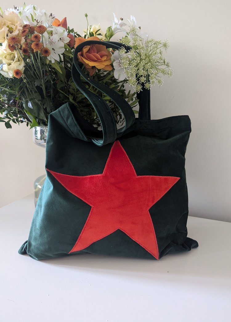 Luxury Tote Bag in Dark Green Velvet With Orange Velvet Star