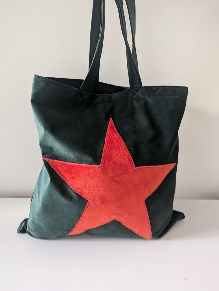 Luxury Tote Bag in Dark Green Velvet With Orange Velvet Star