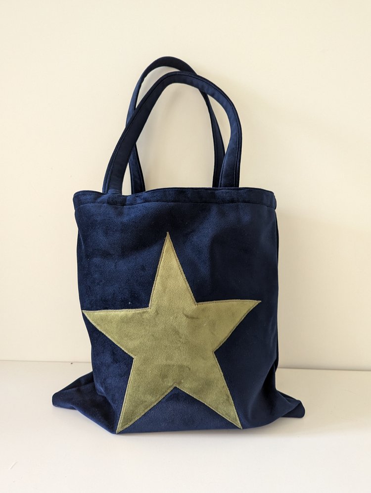 Luxury Tote Bag in Navy Velvet With Olive Green Velvet Star