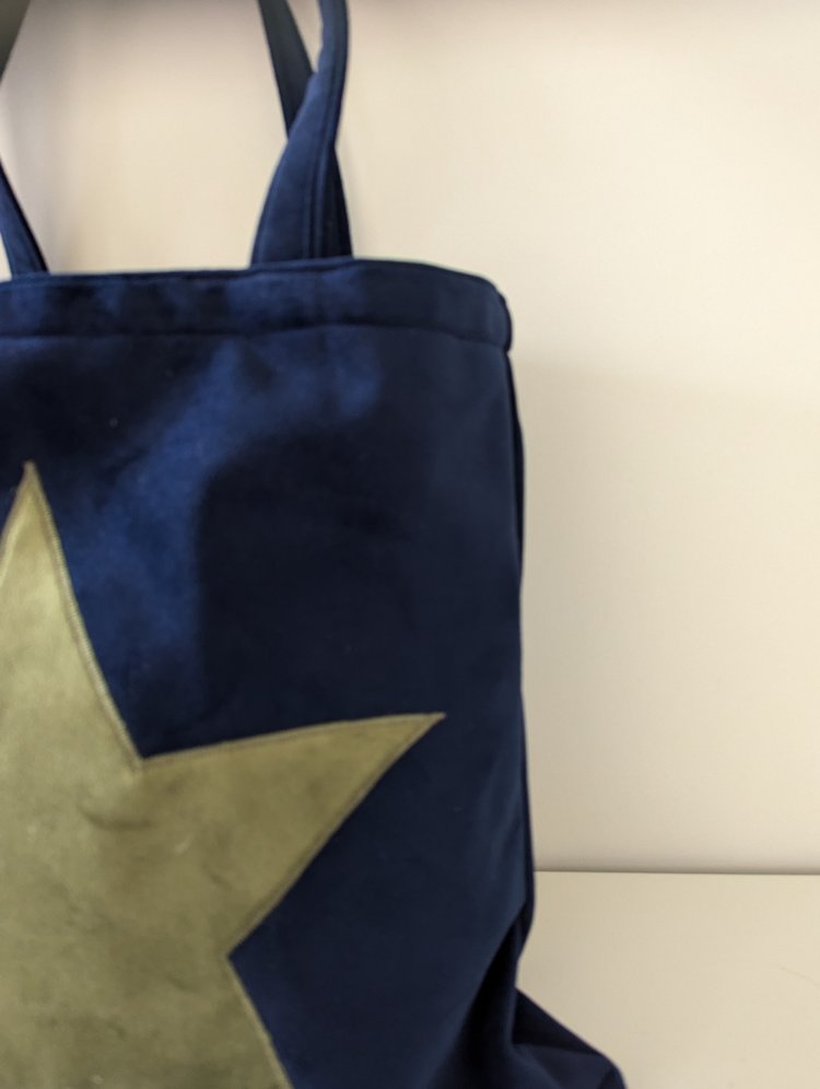 Luxury Tote Bag in Navy Velvet With Olive Green Velvet Star