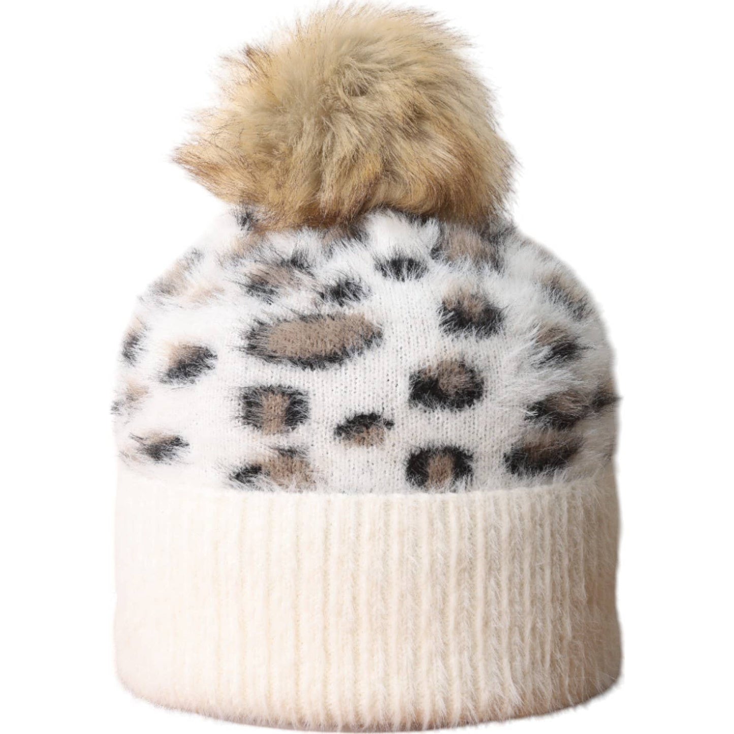 Cream Leopard Fluffy Bobble Hat
