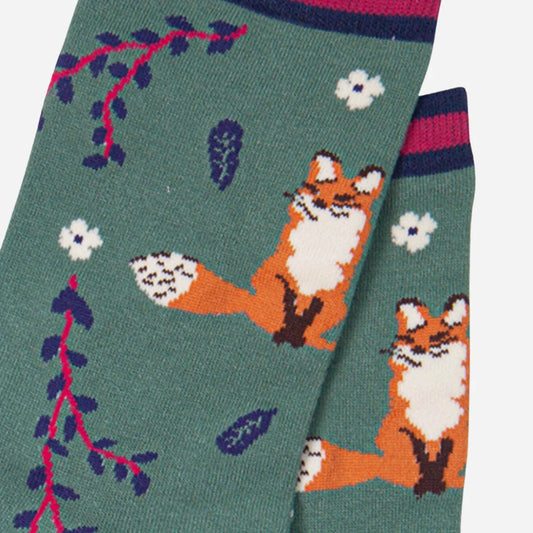 Women's Bamboo Fox Socks Novelty Ankle Socks Leaf Print Green