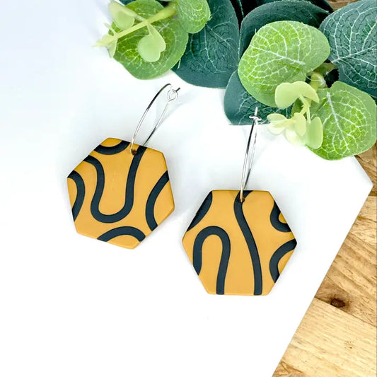 Mustard W. Black Squiggle Hexagon Hoop Earrings