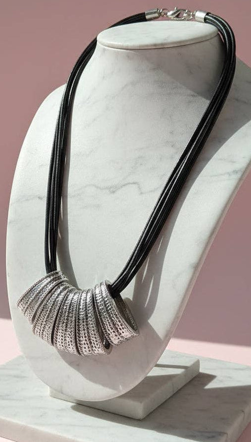 Black Leather Multi Layered Necklace: Silver