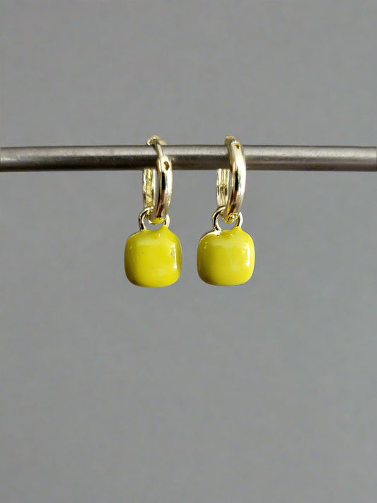 Little Mustard Squares on Gold Hoops