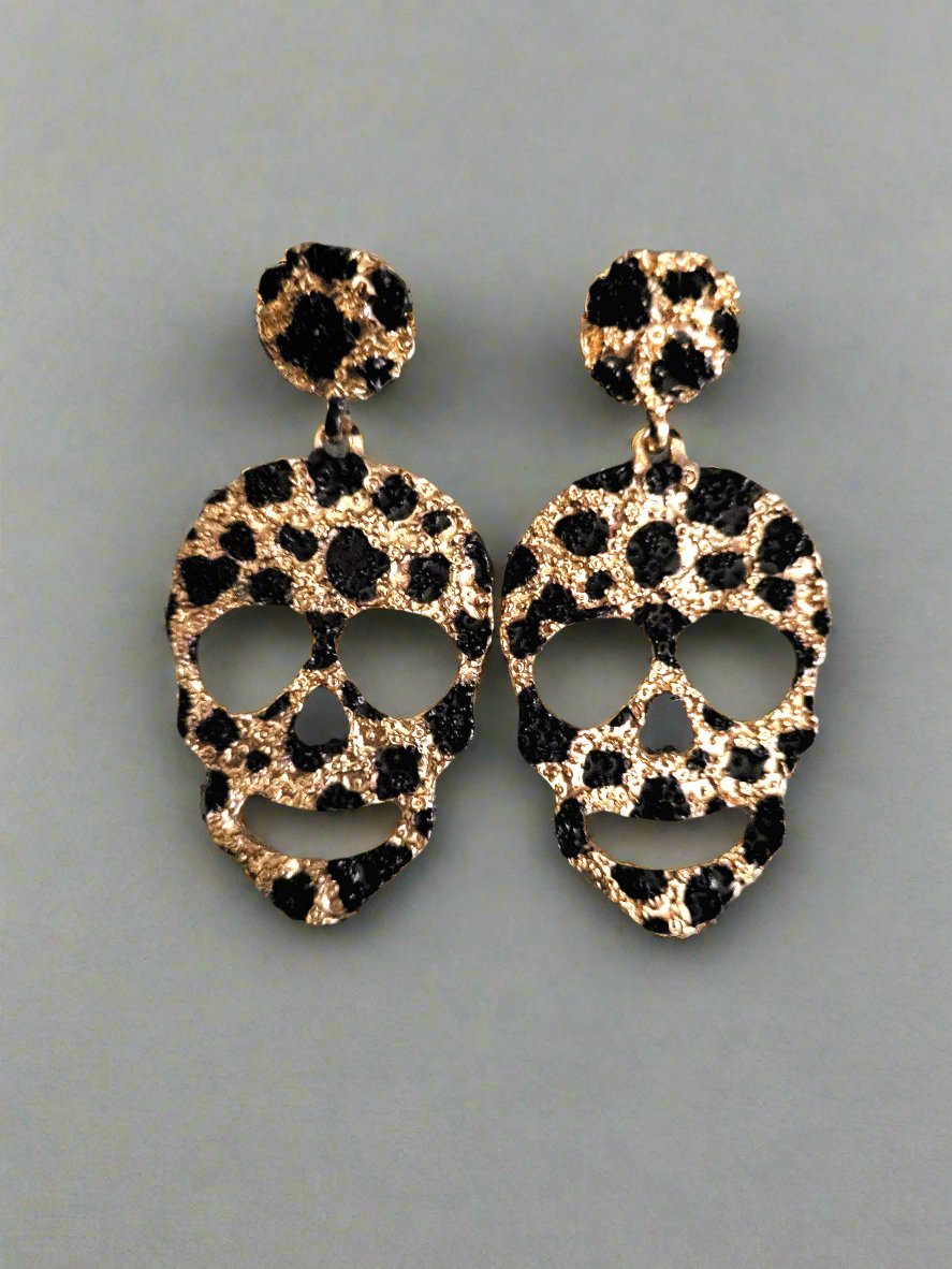 Leopard Print Gold Skull Drop Earrings