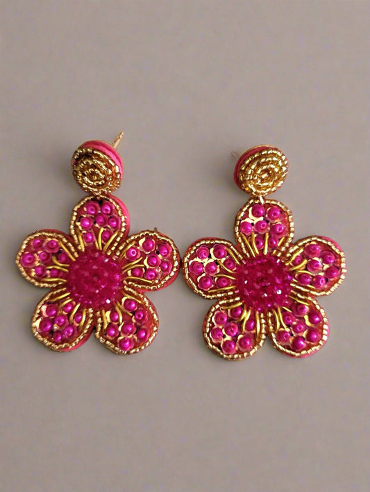 Hot Pink Beaded & Embroidered Flower Drop Earrings