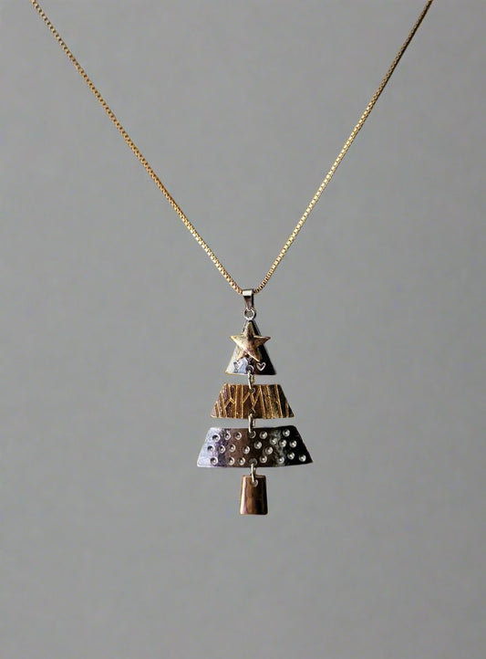 Silver & Gold Christmas Tree Pendant Necklace