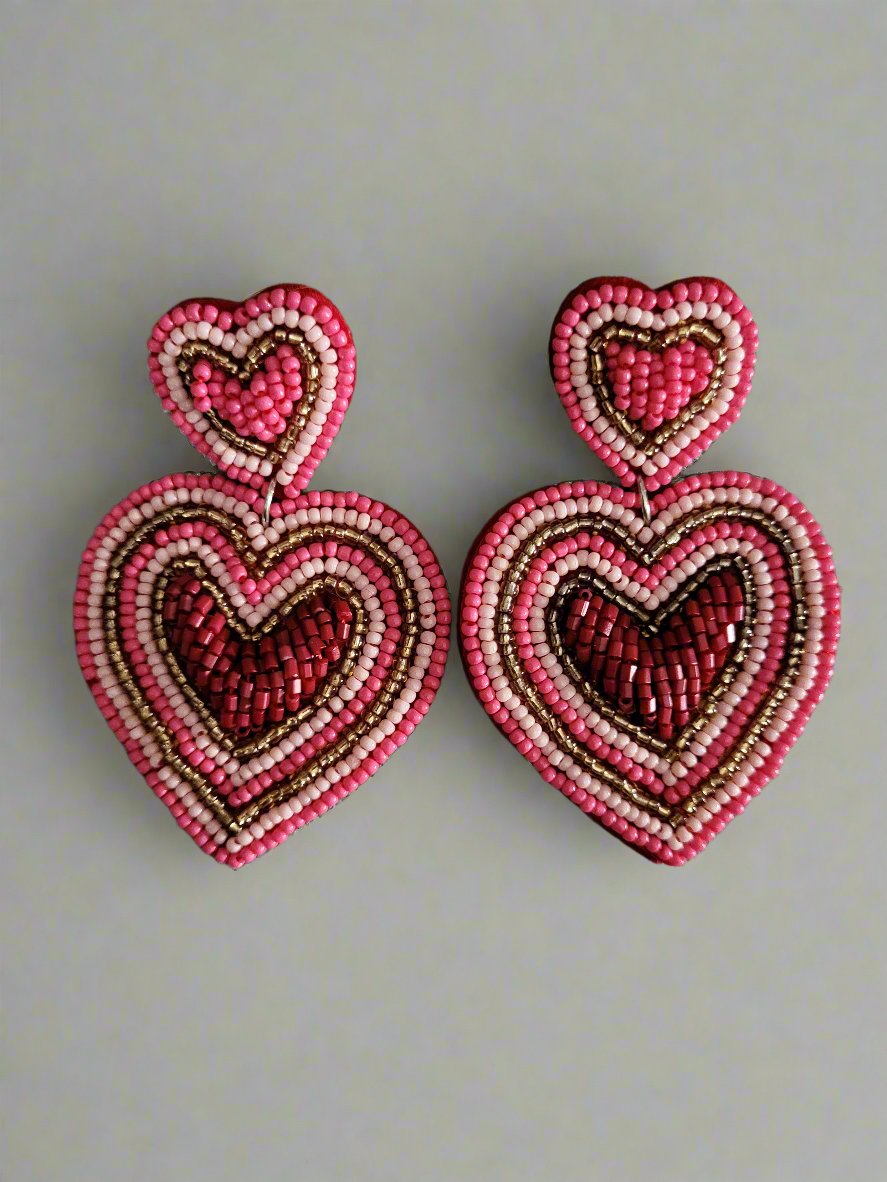 Hot Pink Beaded Heart Drop Earrings