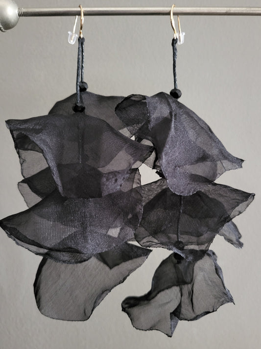 Extravagant Black Fabric Flower Drop Earrings