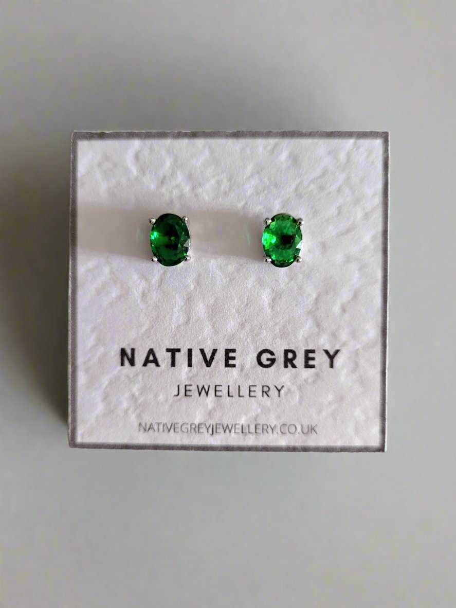 Oval Cubic Zirconia Stud Earring - Green