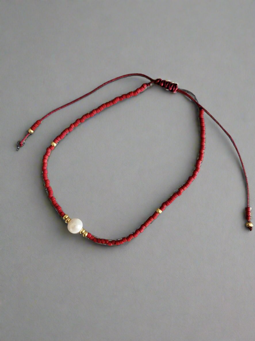 Pearl Beaded Adjustable Bracelet - Red