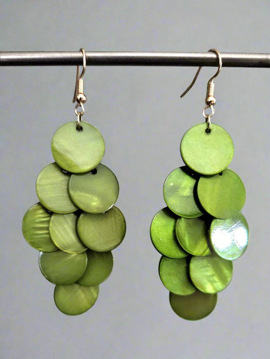 Layered Shell Disc Drop Earrings in Olive