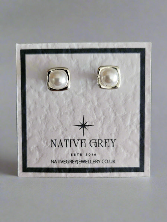 Square Silver & Pearl Stud Earrings