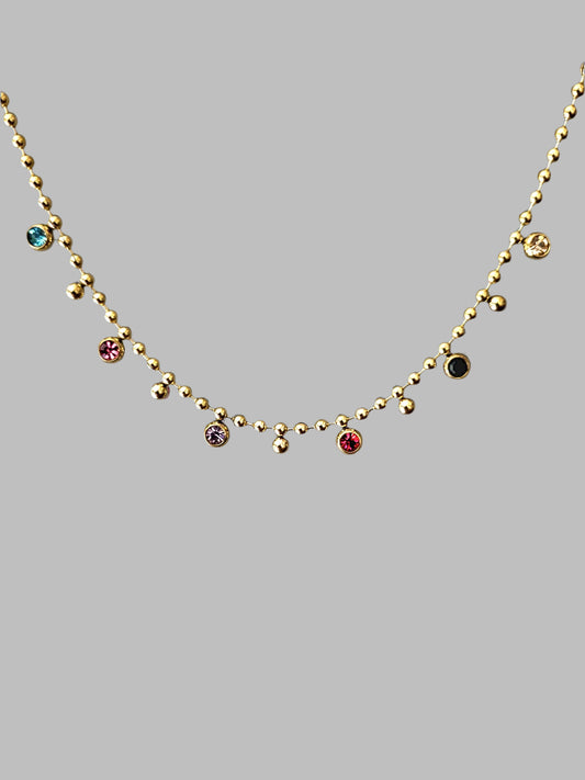 Gold Ball Chain Necklace with Multi-Coloured Crystals