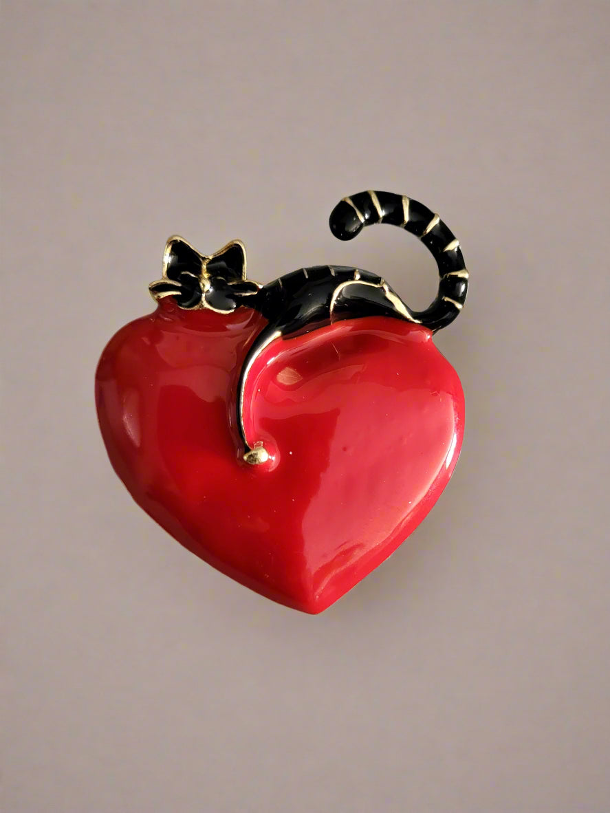 Heart & Black Cat Brooch