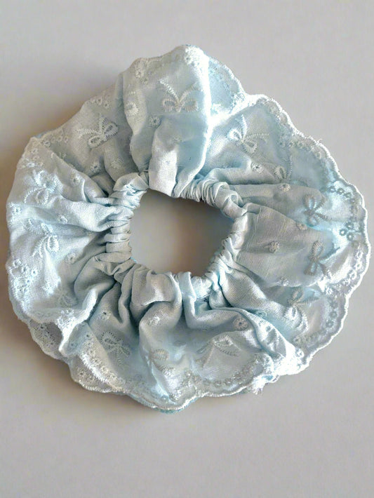 Baby Blue Layered Embroidery Anglaise Hair Scrunchie