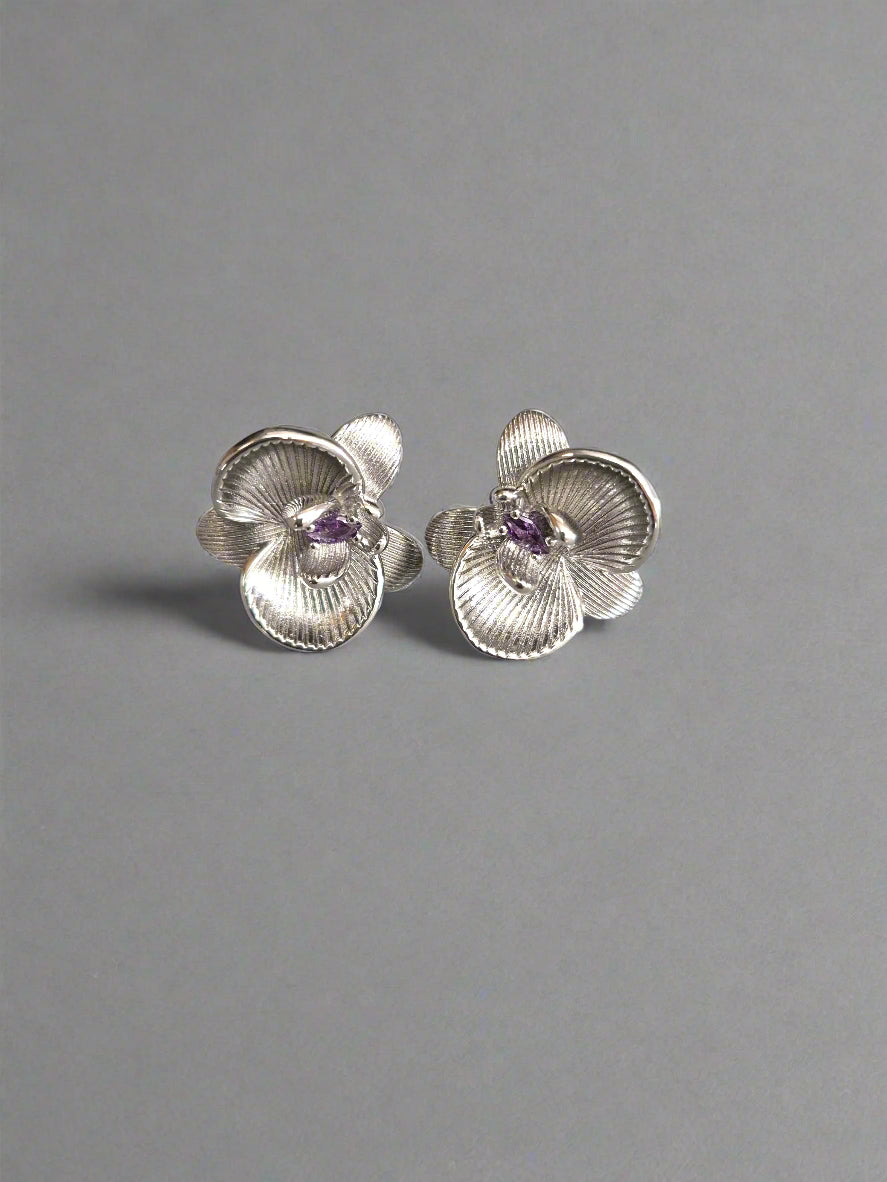 Silver Orchid Flower Stud Earrings
