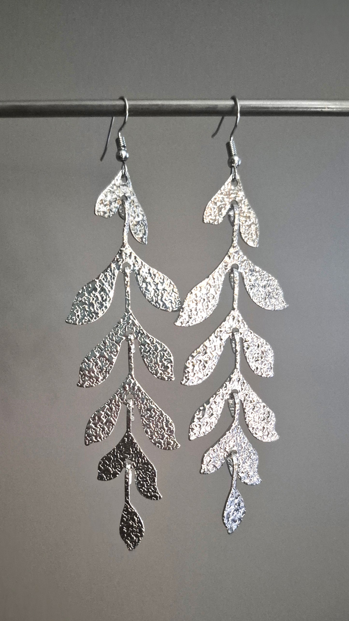 Silver Long Leaf Drop Earrings
