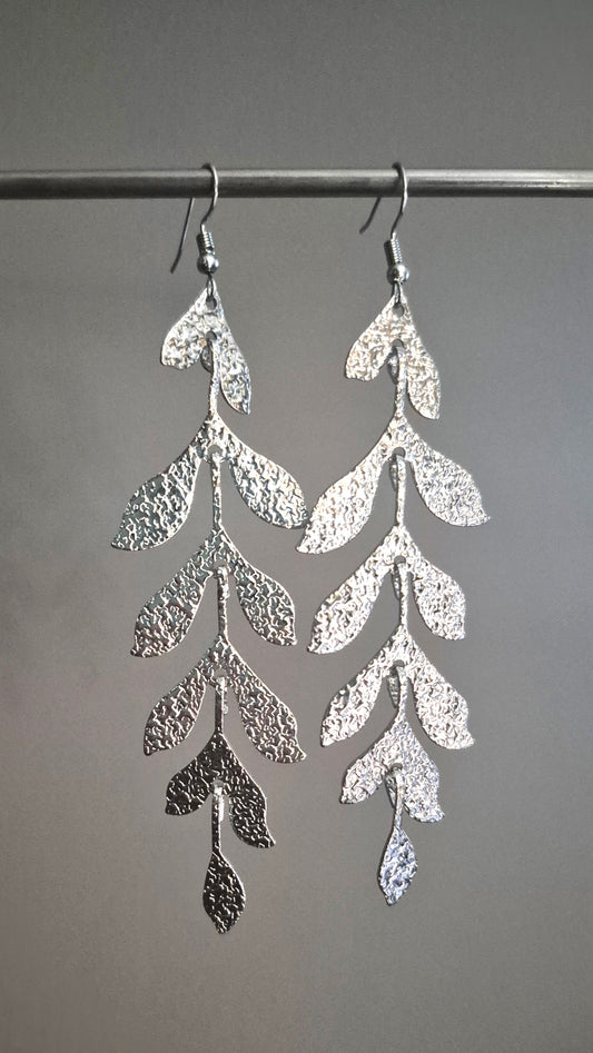 Silver Long Leaf Drop Earrings