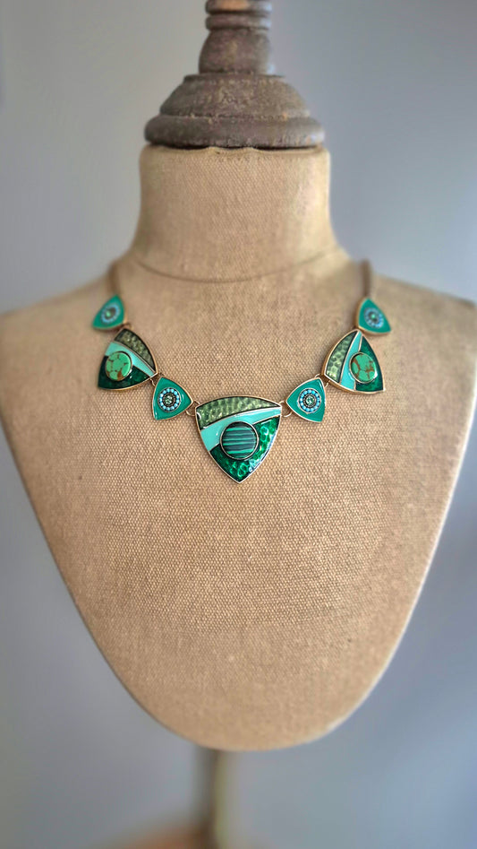 Green Enamel Necklace with Triangles