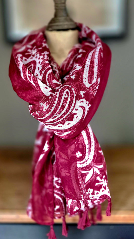 Dark Red Paisley Patterned Lightweight Scarf