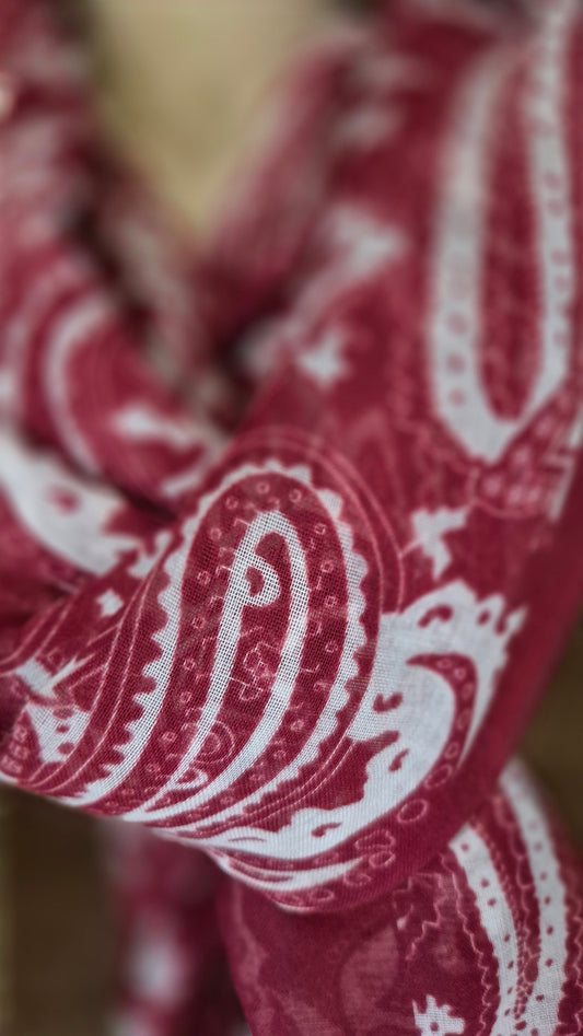 Dark Red Paisley Patterned Lightweight Scarf