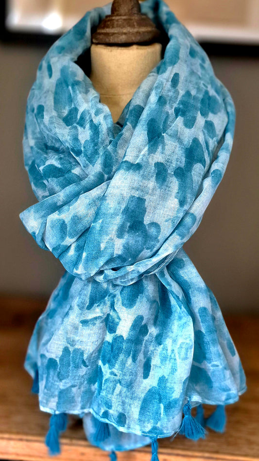 Aqua Lightweight Patterned scarf With Tassels