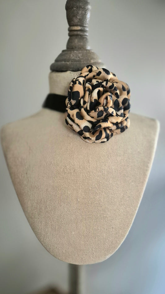 Leopard Print Fabric Rose Choker