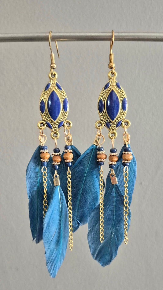 Fabulous Feather Drop Earrings - Navy