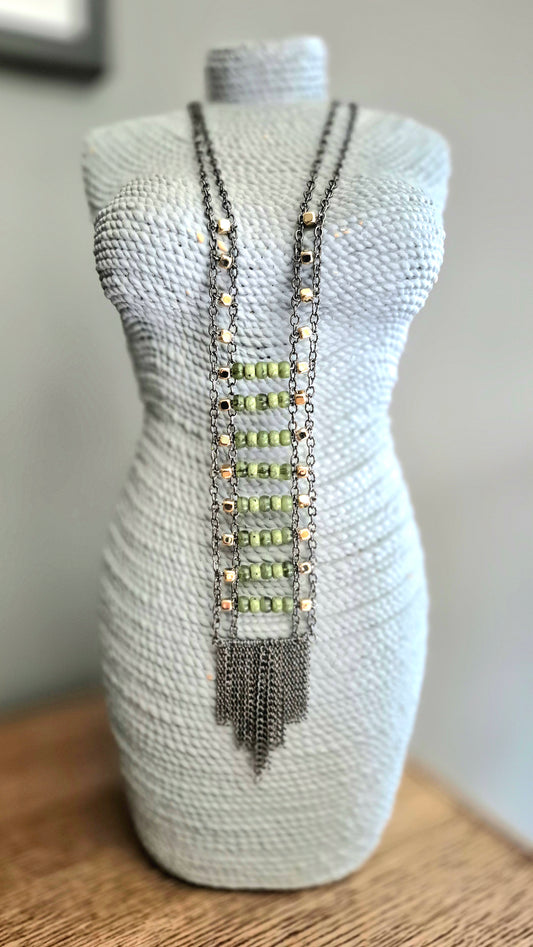 Long Boho Gunmetal & Khaki Chain Necklace