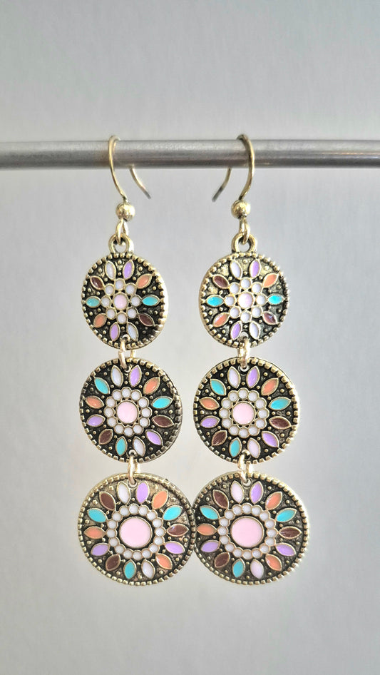 Multi-Coloured Triple Disc Drop Earrings