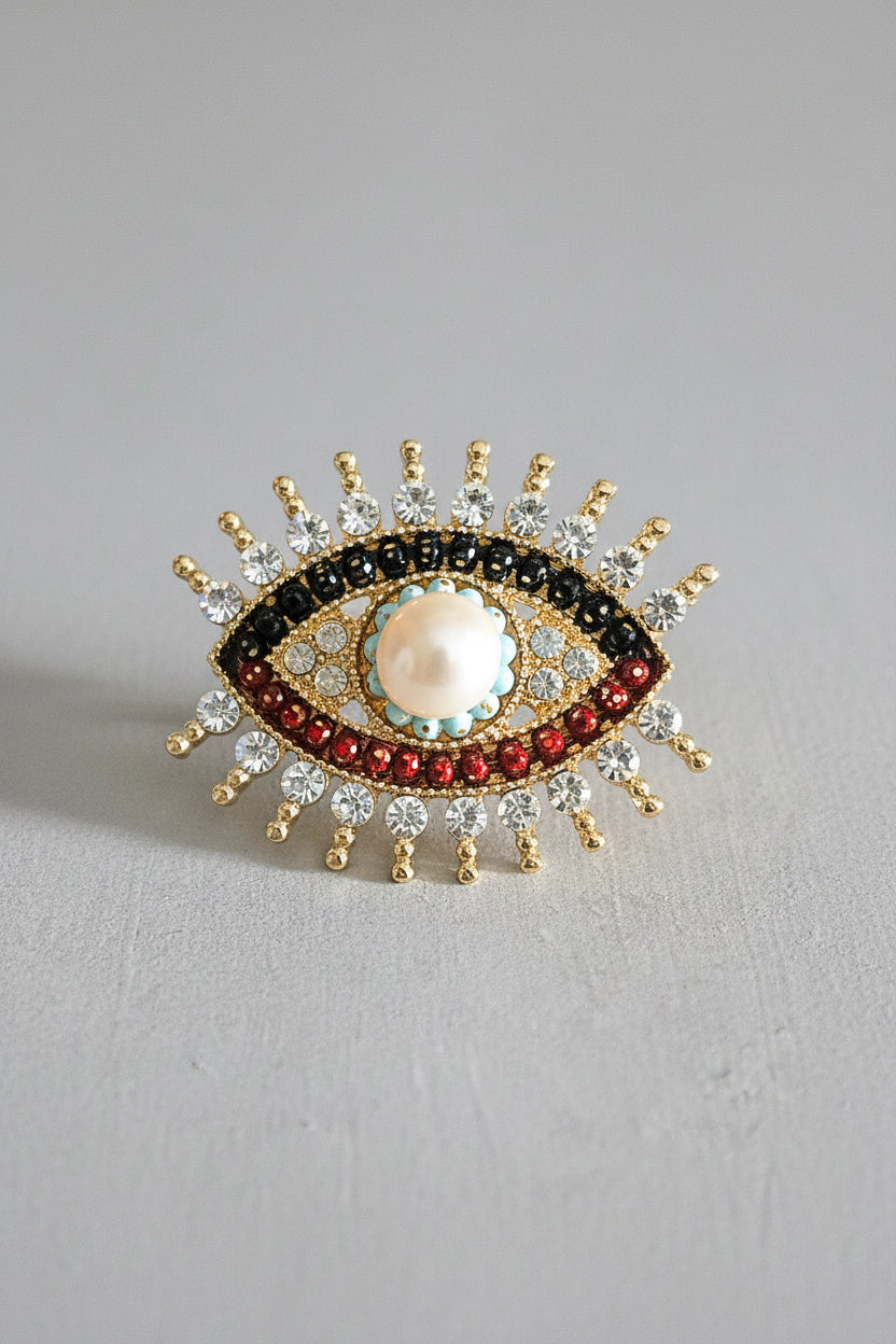Crystal & Pearl Eye Brooch