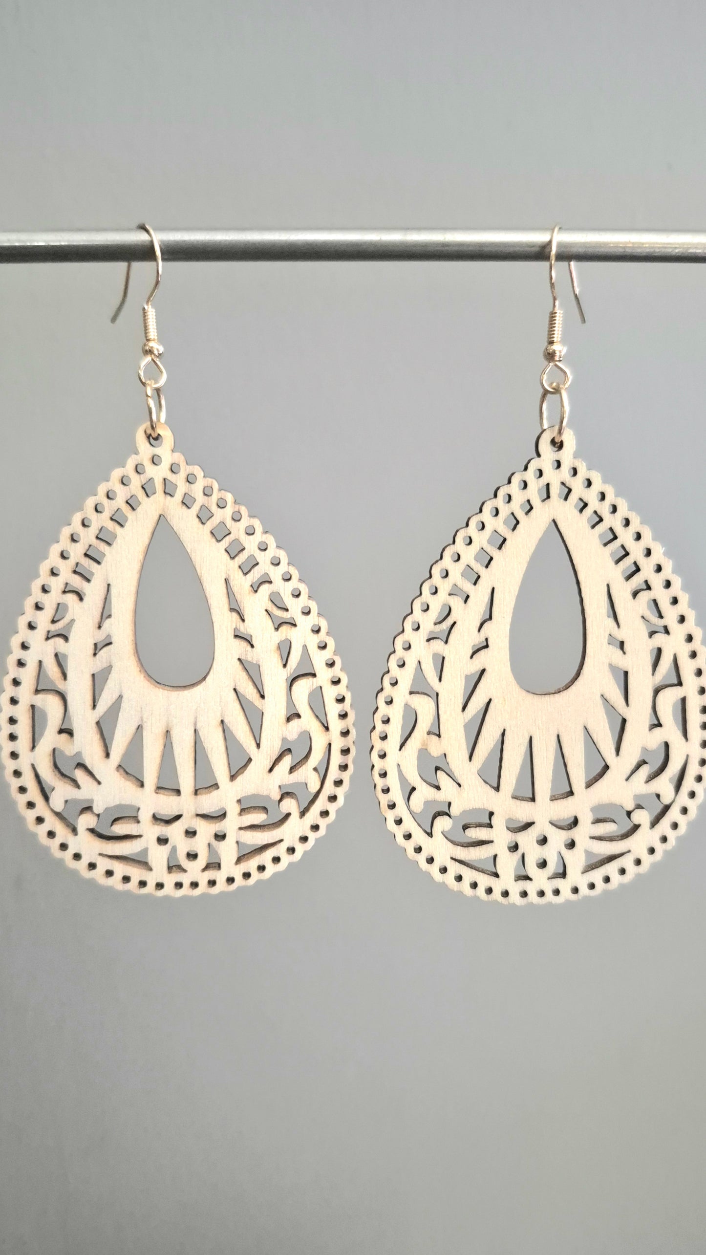 Wooden Large Droplet Shape Filigree Drop Earrings - Natural