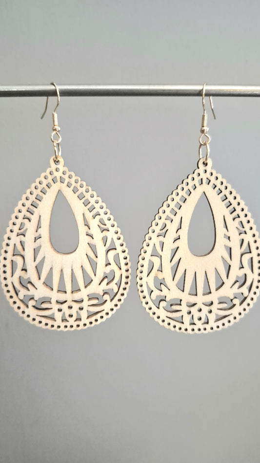 Wooden Large Droplet Shape Filigree Drop Earrings - Natural