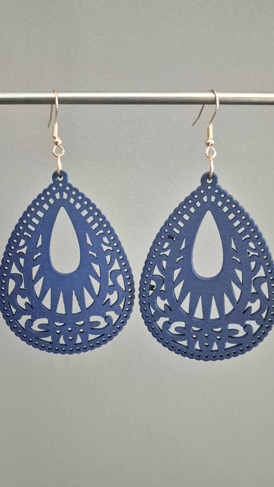 Wooden Large Droplet Shape Filigree Drop Earrings - Navy