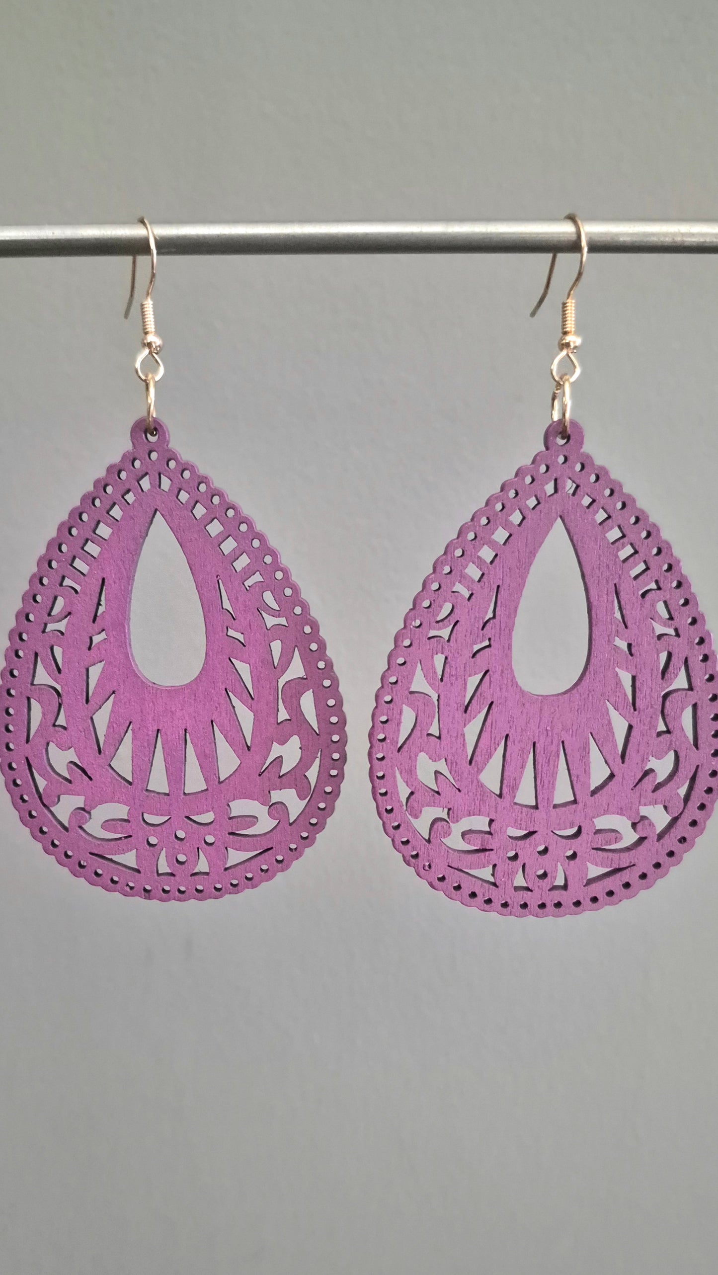 Wooden Large Droplet Shape Filigree Drop Earrings - Purple