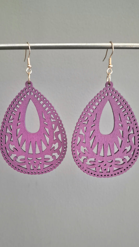 Wooden Large Droplet Shape Filigree Drop Earrings - Purple