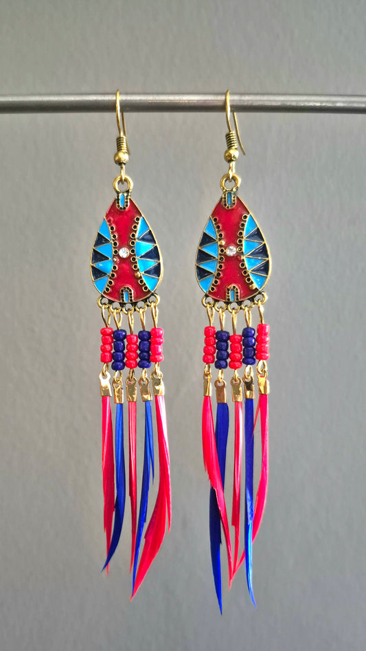 Red & Blue Feather Drop Earrings