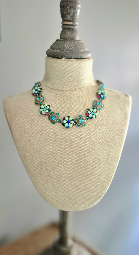Stunning Green Encrusted Enamel Flower Necklace