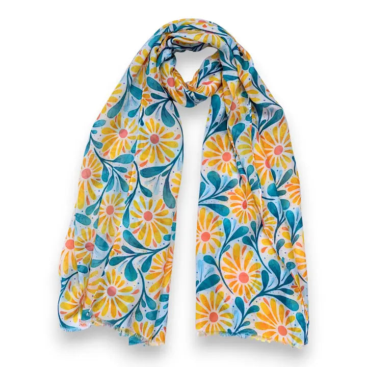 Daisy with Leaves Print Colourful Scarf