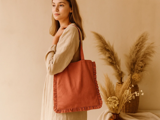 Canvas Ruffle Tote Bag 14" x 16" Dusky Red