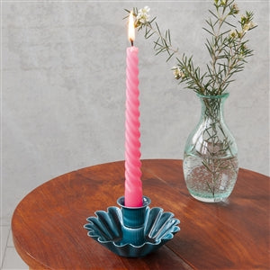 Enamel Cupped Flower Candle Holder - Teal 10.6cm