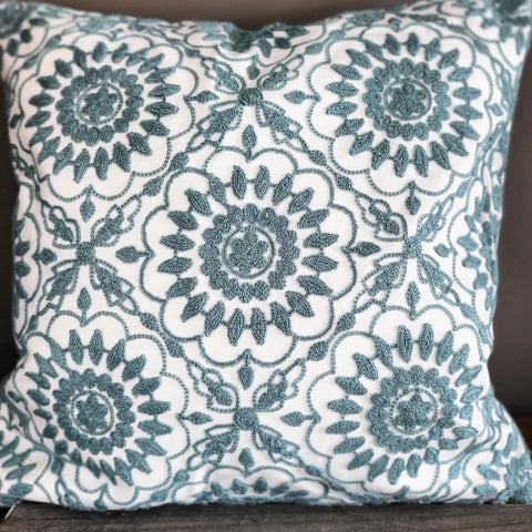 Cream & Blue Embroidered Cushion Cover 45 x 45cm (Cushion Inner available)
