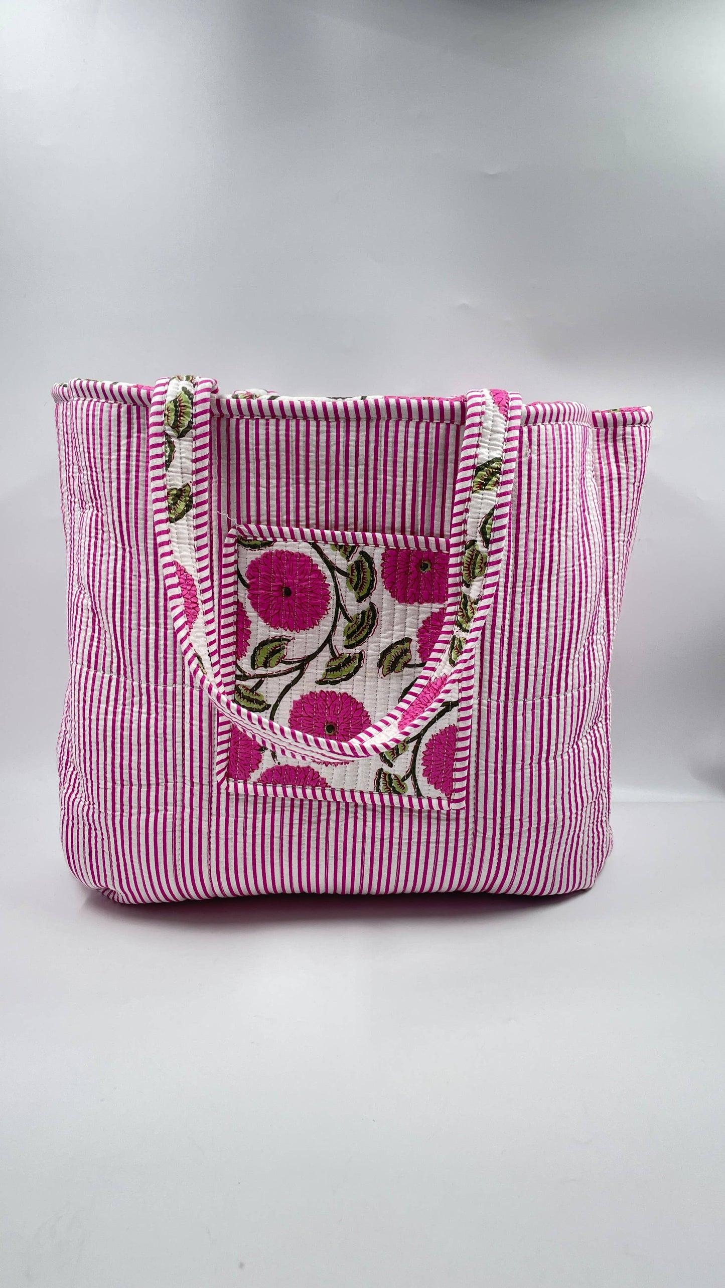 100% Cotton Kantha Quilted Boho Floral Reversible Tote Bag