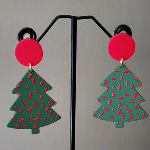 Red & Green Christmas Tree Clay Drop Earrings
