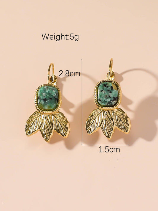 Gold Plated Leaf Drop Earrings with Green Natural Stones