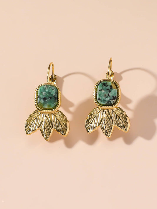 Gold Plated Leaf Drop Earrings with Green Natural Stones