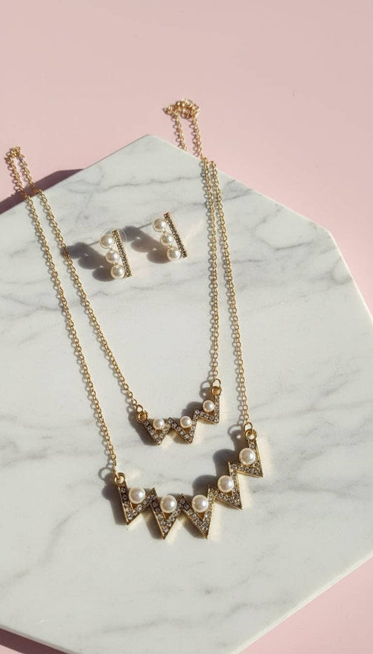 Layered Pearl Zig Zag Pendant Necklace & Earring Set: Gold