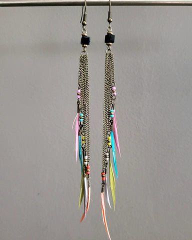 Multi-Coloured Feathered Drop Earrings